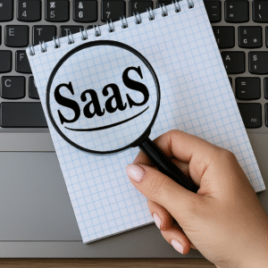 On paper SaaS is written and someone is watching it with magnify glass