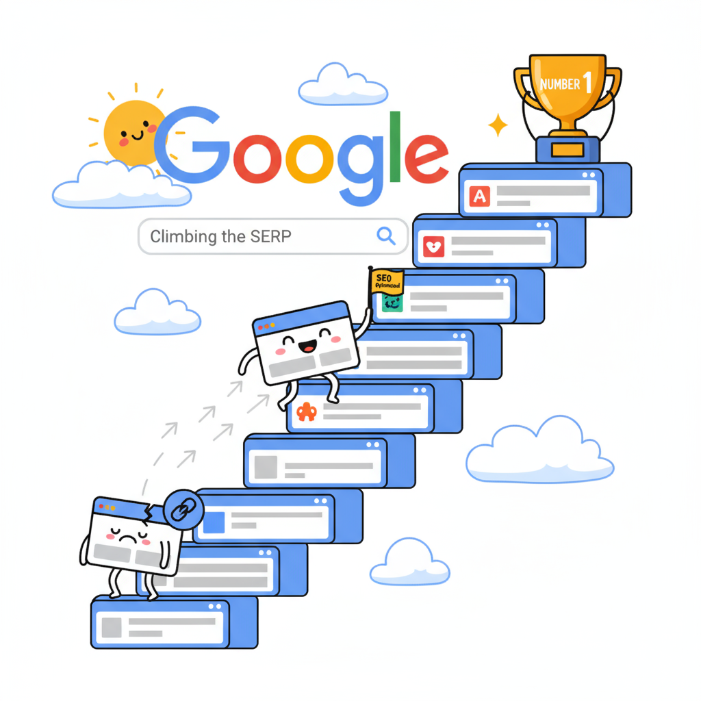 Fun cartoon showing how websites climb up Google search rankings like a ladder