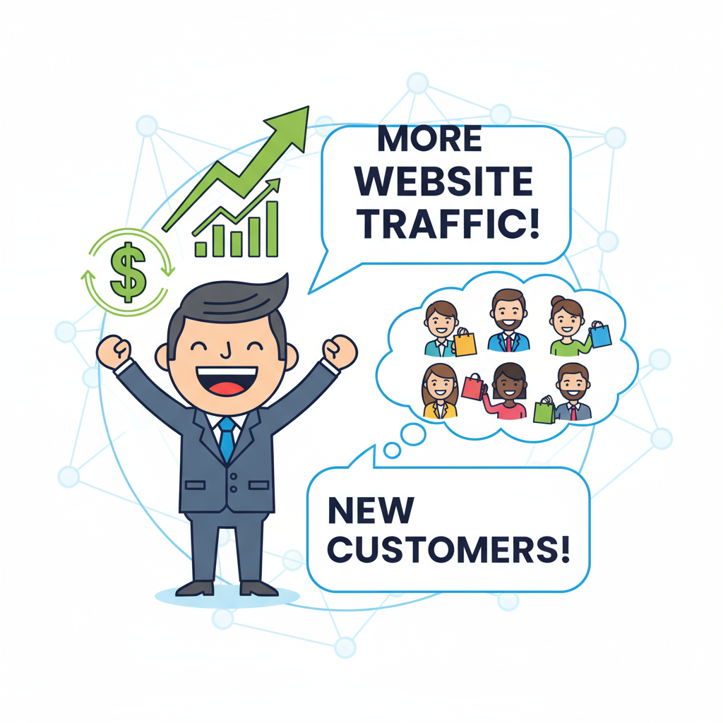 Happy business owner seeing more customers from better search rankings